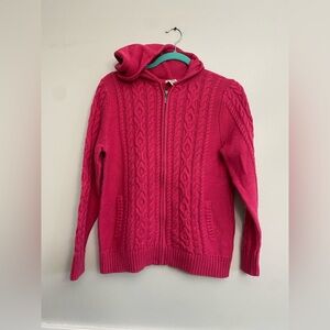 L.L. Bean Hooded Cardigan Sweater Womens PM Pink 100% Cotton Cable Knit Full Zip